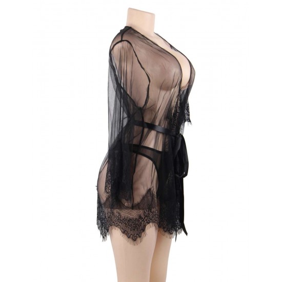 Black Sexy Lace Transparent Pajamas Underwear Set