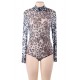 Leopard Long Sleeve Turtleneck Mesh Bodysuit For Women