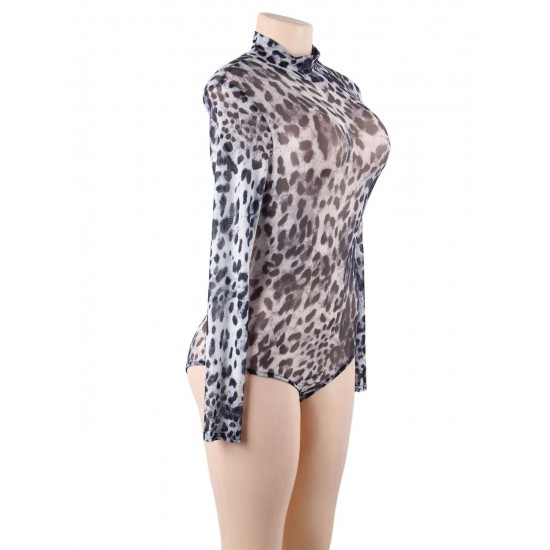 Leopard Long Sleeve Turtleneck Mesh Bodysuit For Women