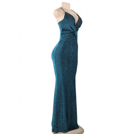 Blue Elegant Halter sparkly Slim Evening Dress