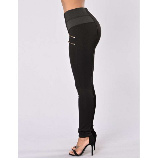 Elastic Thin Leg Zipper Design Leggings Solid Mid-calf Leggings Pants