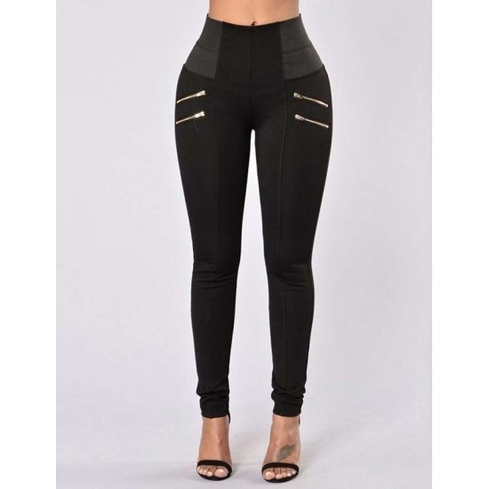 Elastic Thin Leg Zipper Design Leggings Solid Mid-calf Leggings Pants