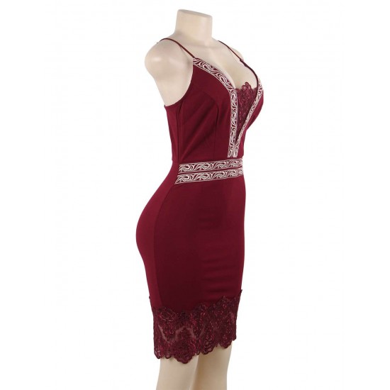 Sexy Women Dark Red Embroidered Fashion Dress