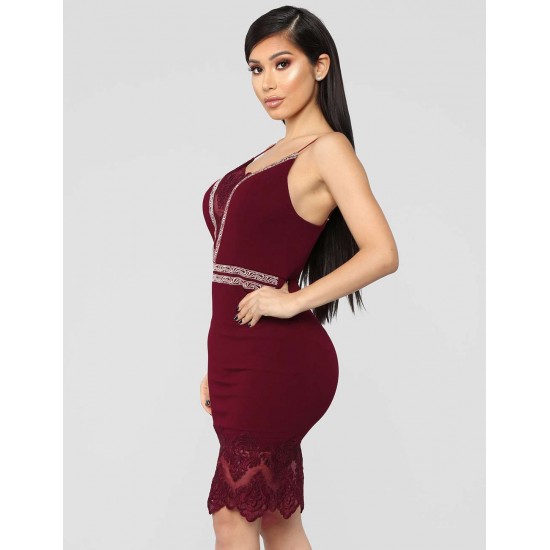 Sexy Women Dark Red Embroidered Fashion Dress