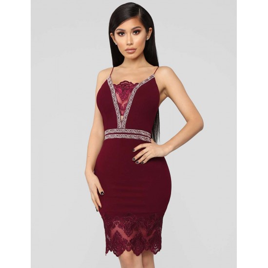 Sexy Women Dark Red Embroidered Fashion Dress