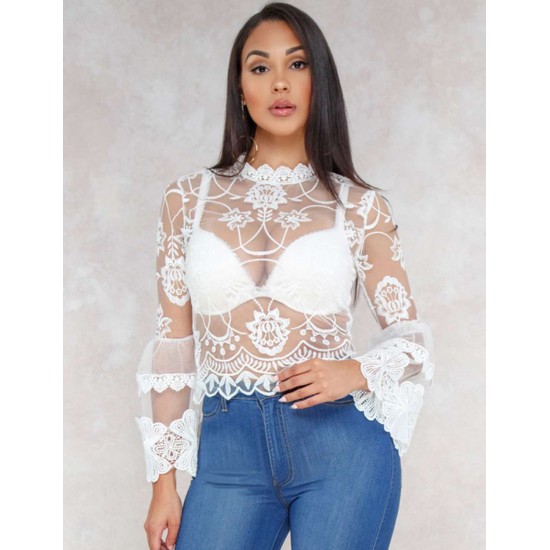 White Lace Long Flare Sleeve Teddy