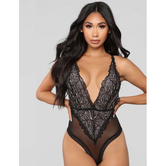  Black Lace Stitching Backless Teddy