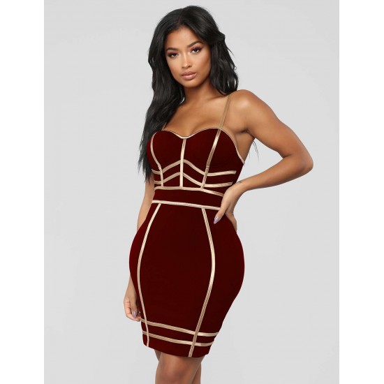 Golden Line Decoration Sexy Dark Red Bodycon Dress