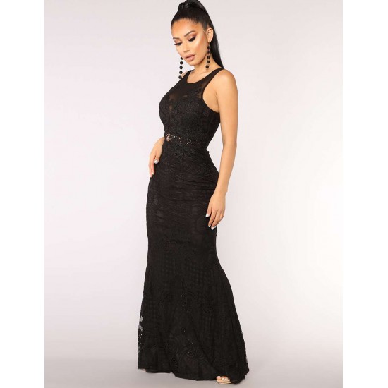 Black Lace Patch Stitching Evening Dress