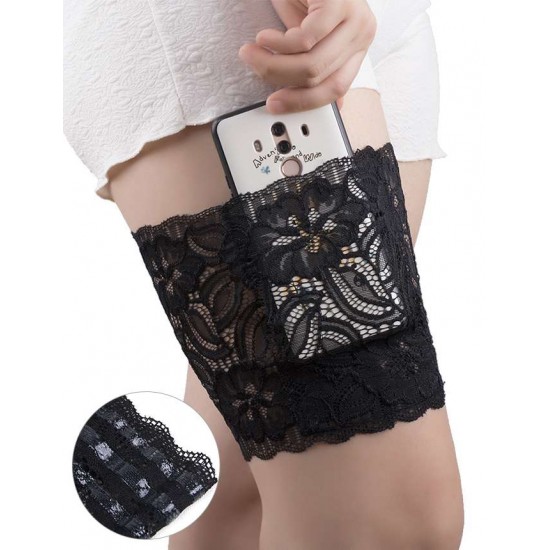 Black Lace Cell Phone Garter Non-slip Thigh Cell Phone Pocket