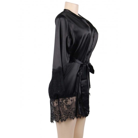 Black Silk Satin Lace Sexy Women Kimono Home Pajamas