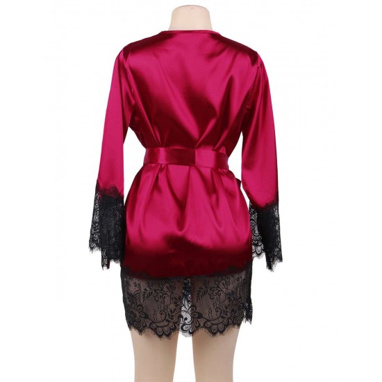 Plus Size Wine Red Silk Satin Lace Sexy Women Kimono Home Pajamas