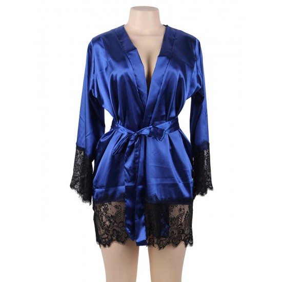 Blue Silk Satin Lace Sexy Women Kimono Home Pajamas