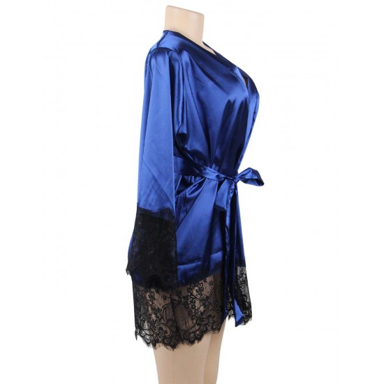 Plus Size Blue Silk Satin Lace Sexy Women Kimono Home Pajamas