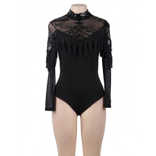 Black Lace Fringe Decoration Long Sleeve Teddy