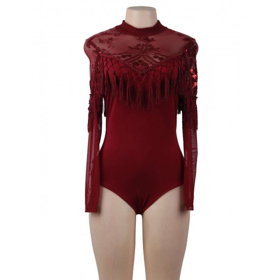 Red Lace Fringe Decoration Long Sleeve Teddy