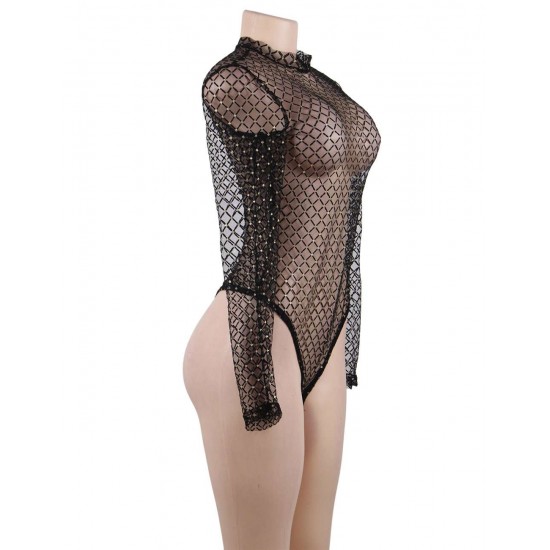 Long Sleeve Sexy Rhombus Mesh Ladies Teddy