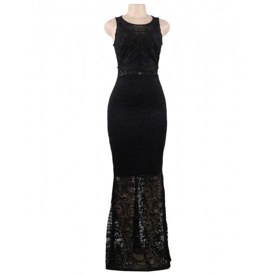 Black Lace Patch Stitching Evening Dress