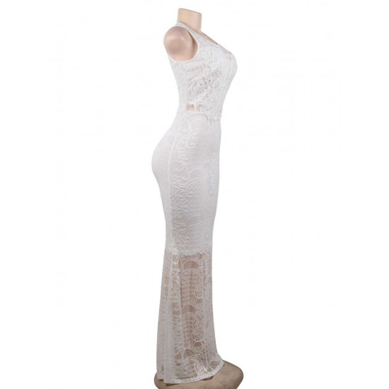 White Lace Patch Stitching Evening Dress