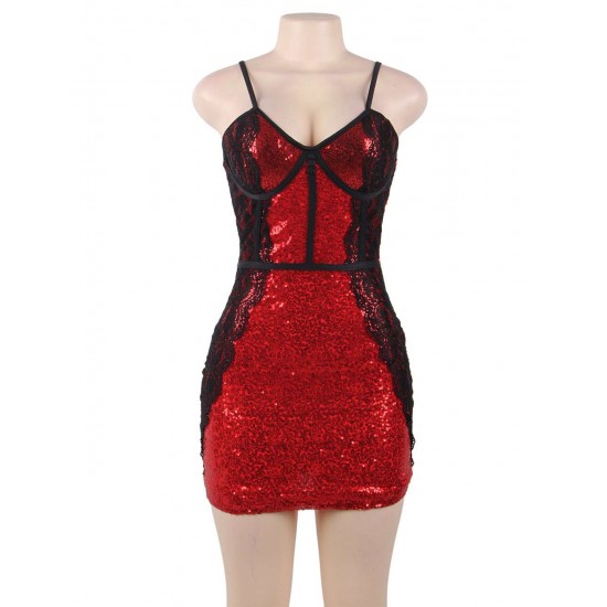 Sexy Red Sequined Lace Stitching Bodycon Dress