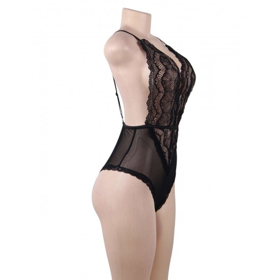  Black Lace Stitching Backless Teddy