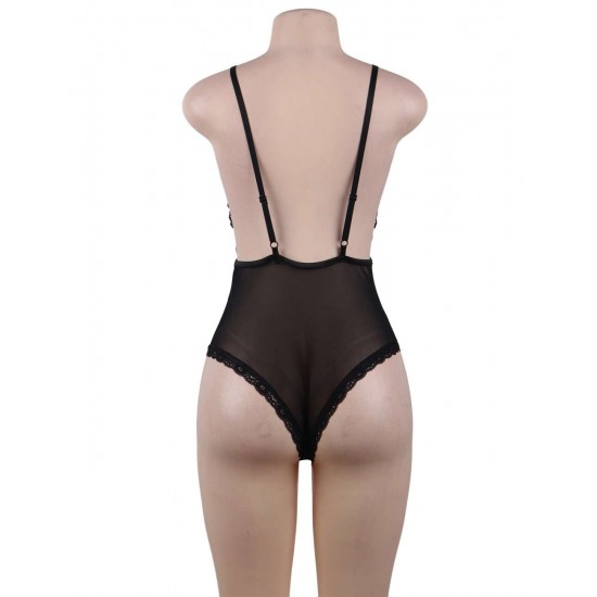  Black Lace Stitching Backless Teddy