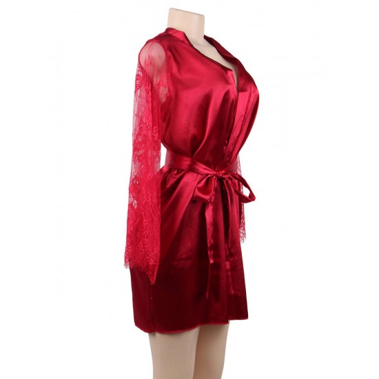 Wine Red Silk Satin Lace Sexy Women Kimono Home Pajamas