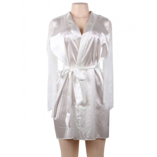 White Silk Satin Lace Sexy Women Kimono Home Pajamas