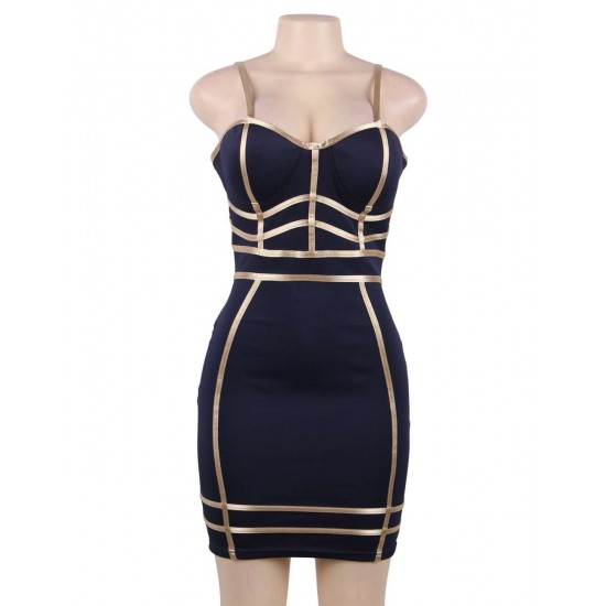 Golden Line Decoration Sexy Dark Blue Bodycon Dress