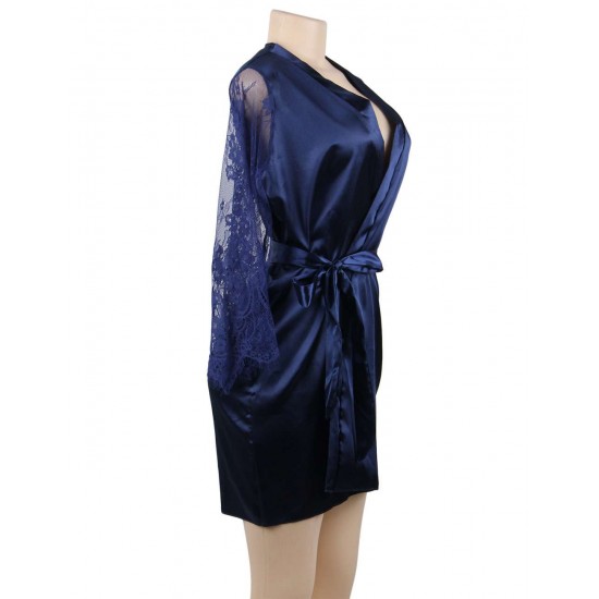 Blue Silk Satin Lace Sexy Women Kimono Home Pajamas