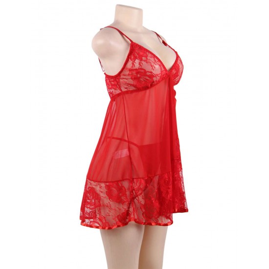 Floral Soft Lace Apron Chemise With Thong