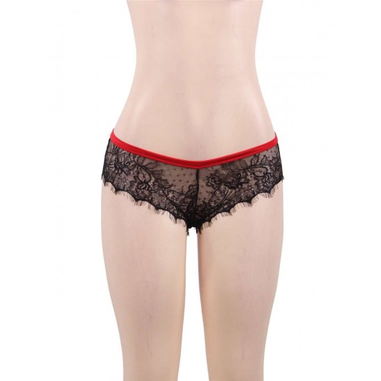 Plus Size Sexy Black Lace Red Silk Strappy Panty