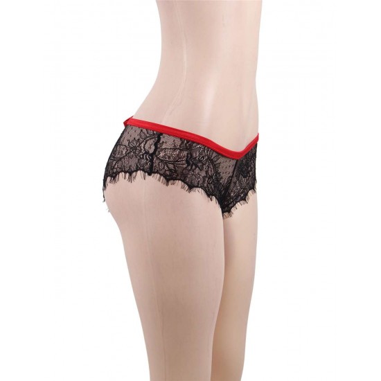 Plus Size Sexy Black Lace Red Silk Strappy Panty