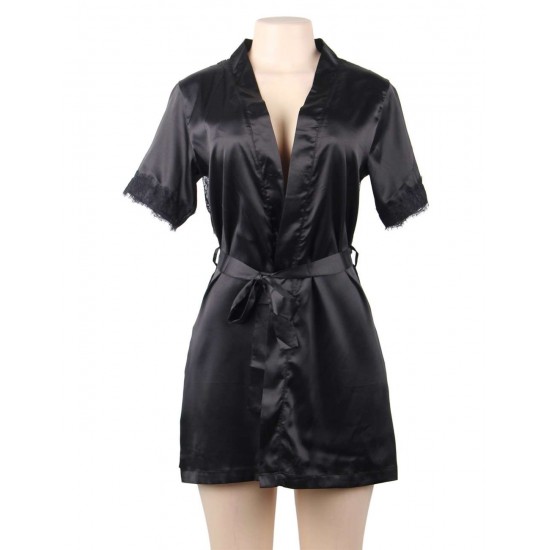 Plus Size Black Silk Satin Lace Backless Sexy Women Kimono Home Pajamas