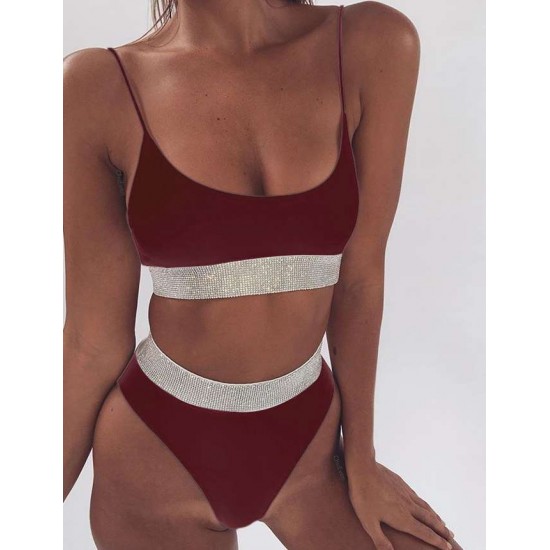 High-Waist Sequins Dark Red Solid Color Sexy Summer Bikini Set