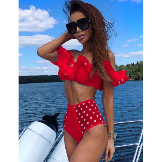 Red Wave Point Ruffle Sexy Summer Cute Bikini Set