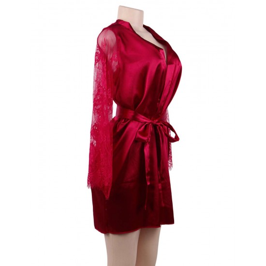 Plus Size Wine Red Silk Satin Lace Sexy Women Kimono Home Pajamas