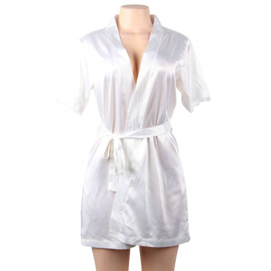 Plus Size White Silk Satin Lace Backless Sexy Women Kimono Home Pajamas