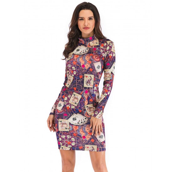 Fashion Poker printing Long Sleeve Bodycon Dress