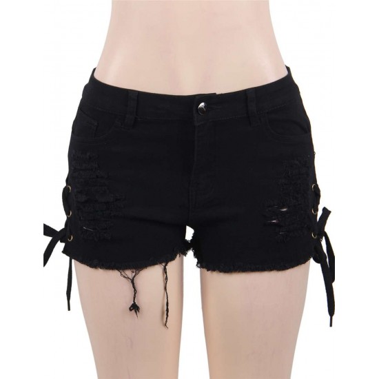 Black Broken Holes Lace Up Shorts Sexy Summer Jeans Shorts