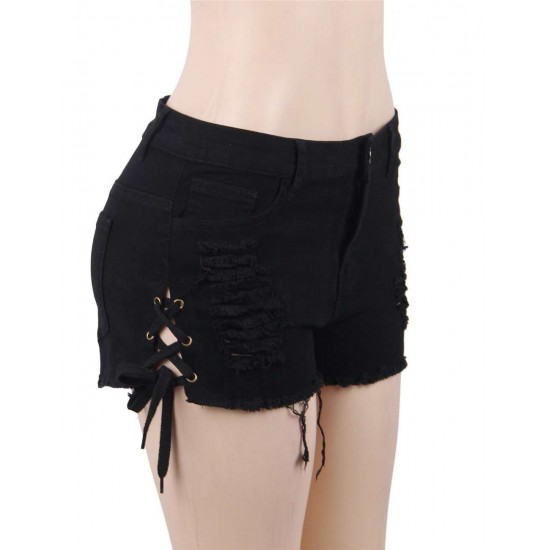 Black Broken Holes Lace Up Shorts Sexy Summer Jeans Shorts