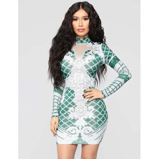 Crystal Decorative Diamond Pattern Long Sleeve Bodycon Dress