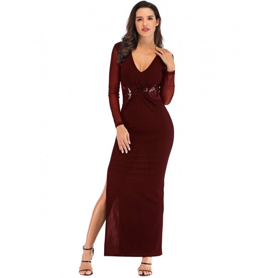 Dark Red Sequined Decorative Transparent Lace Long Sleeve High Slit Long Dress