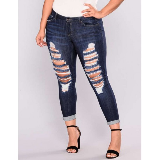 2XL-7XL Plus size  High Quality Big Hip Sexy Girls Chic Shredded Jeans