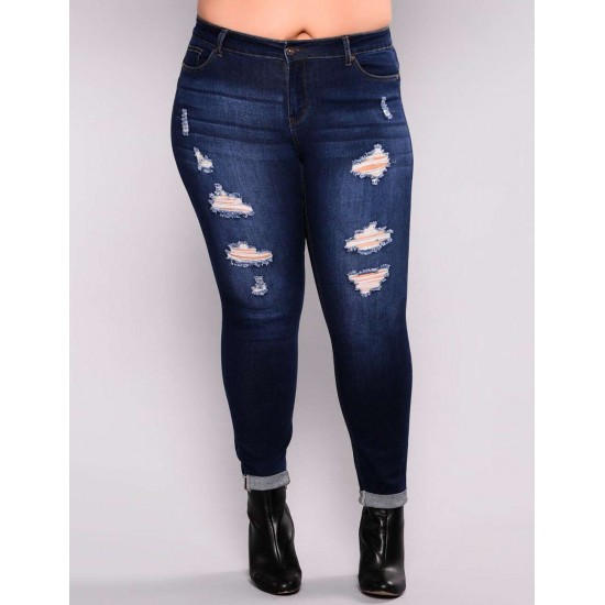 2XL-7XL Plus size  High Quality Big Hip Sexy Girls Chic Shredded Jeans