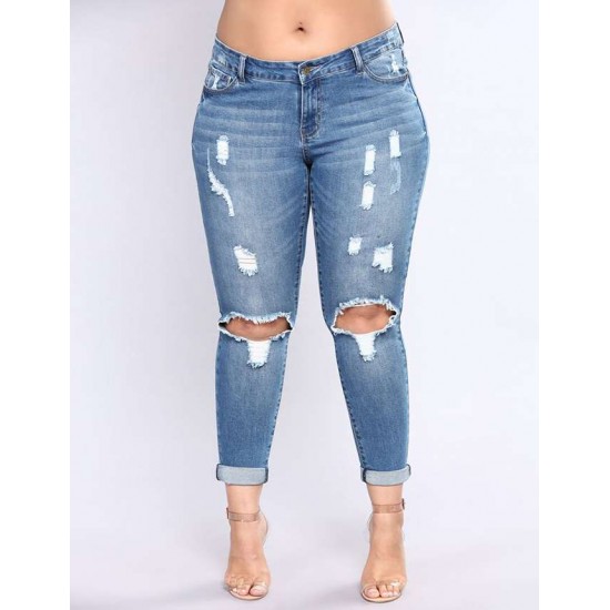 2XL-7XL Plus size  High Quality Big Hip Sexy Girls Chic Shredded Jeans