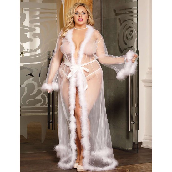 Plus Size Queen White Robe Perspective Sheer Sleepwear With Fur 