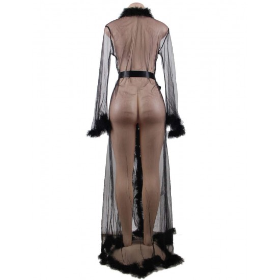 Plus Size Queen Black Robe Perspective Sheer Sleepwear With Fur 