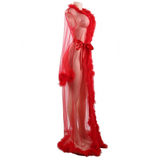 Queen Red Robe Perspective Sheer Sleepwear With Fur 