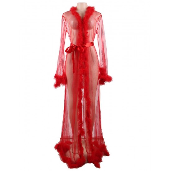 Plus Size Queen Red Robe Perspective Sheer Sleepwear With Fur 